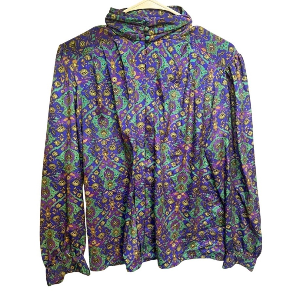 Vintage Marlis Purple Green Paisley Mock Neck Blouse Long Sleeve Top Size 8